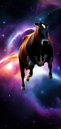 Enjoy the sight of a majestic cow standing amidst a breathtaking galaxy with this phone live wallpaper