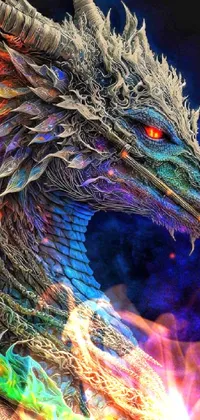 This phone live wallpaper features a stunning ultra-detailed painting of a smoking dragon touched with psychedelic art