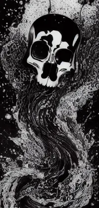 This phone wallpaper features a black and white ink drawing of an intricately detailed skull, with swirling and curved lines inspired by dark Tumblr art