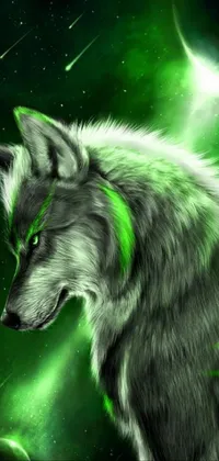 This phone live wallpaper features a detailed image of a wolf with captivating green eyes, set against a misty forest background