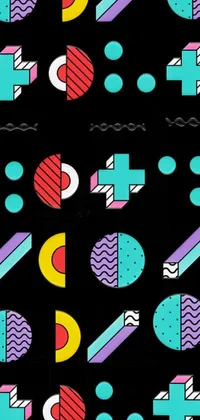 This phone wallpaper showcases a geometric pattern in a striking black and multicolored design