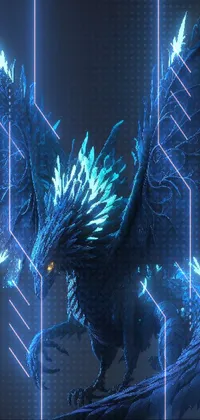 This live wallpaper features a low-poly rendering of a blue dragon with glowing feathers, wings, and a winter concept
