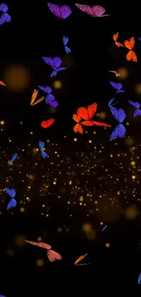 This phone live wallpaper depicts a colorful gathering of butterflies fluttering in the air against a backdrop of tranquil landscapes