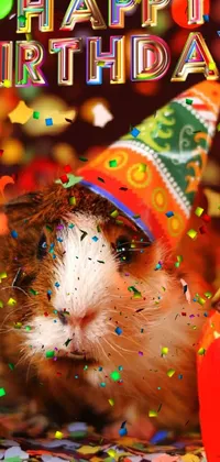 This lively phone live wallpaper depicts a cute guinea pig wearing a festive hat and standing alongside a colorful birthday cake with candles
