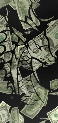 Looking for an eye-catching wallpaper for your phone? Look no further than this digital art masterpiece! Experience the thrill of money literally flying in the air, with crisp dollar bills swirling around on a sleek black background