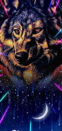 This high-quality live wallpaper depicts an airbrush painting of a wolf with the moon in the background set against a starry sky