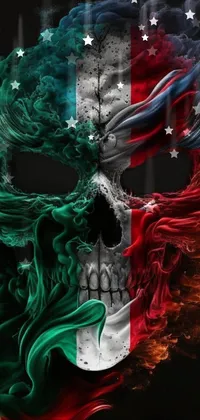 Bring a touch of macabre brilliance to your phone with this mesmerizing live wallpaper! This stunning digital artwork portrays the image of a skull adorned with vibrant colors of the Mexican flag