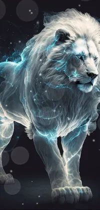 This phone live wallpaper features a close up of a fierce lion on a dark background
