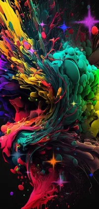 Enhance your phone's appearance with this vibrant live wallpaper showcasing colorful paint splatters on a black background