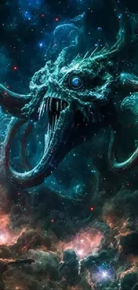 This live wallpaper features a cosmic creature in space with tentacles and a skull-shaped nebula in the background