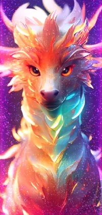This phone live wallpaper showcases a digitally painted fiery cat with fluffy fur and iridescent dragon-like features
