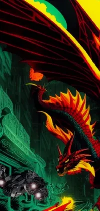 This phone live wallpaper features a vibrant red and black dragon soaring over a bustling city