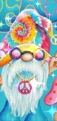Get a psychedelic and retro vibe with this phone live wallpaper! It features a colorful airbrush painting of a friendly gnome with a peace sign, set against a vintage background pattern