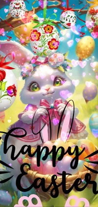 This phone wallpaper depicts a lively image of a cute bunny carrying a basket full of eggs in a vibrant and colorful candy forest