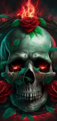 This phone live wallpaper showcases a close-up of a skull decorated with detailed roses, in striking digital art