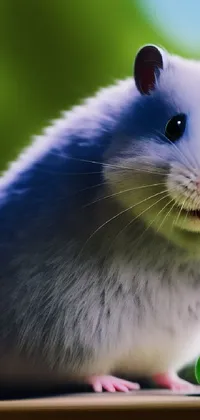 Decorate your phone with this adorable live wallpaper featuring a furry hamster and a tennis ball! Created using cutting-edge ray-tracing technology, this close-up image showcases the hamster's cute white muzzle, whiskers and fur in stunning detail