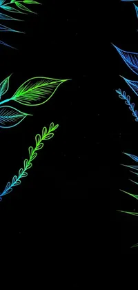 This phone live wallpaper features a beautiful digital art drawing of blue and green leaves against a black backdrop