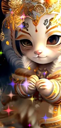 This phone live wallpaper depicts a charming feline wearing a costume amidst a stunning golden aura
