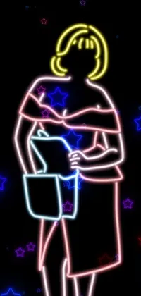 This neon sign live wallpaper features a stylized woman figure holding a folder or suitcase