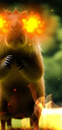 This live wallpaper features a hamster standing on its hind legs, with flames emanating from its eyes
