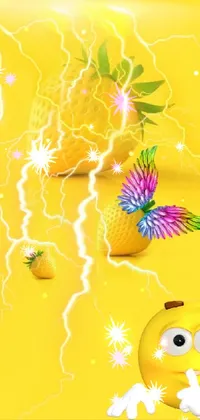 This phone live wallpaper, titled "Emo Emo Em," boasts a captivating mixture of yellow lightning, fruit, and feathers that pop against a colorful backdrop
