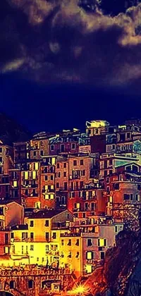 Experience the stunning view of a city at night with this live wallpaper featuring a breathtaking vintage painting in the Neo-Fauvist style