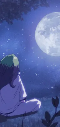 Experience the magic of the night sky with this phone live wallpaper of an anime girl admiring the stars and moon