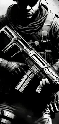 This phone wallpaper showcases a gripping black and white image of a soldier holding a rifle