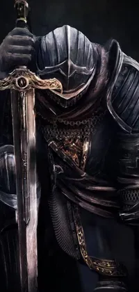 This phone live wallpaper depicts a knight in full armor, wielding a sword and shield