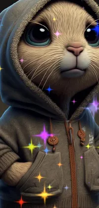 This phone live wallpaper features a close-up of a cat sporting a hoodie design