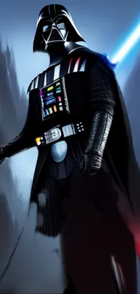 This phone live wallpaper features an artistic depiction of Darth Vader standing in front of a dark, mountainous landscape