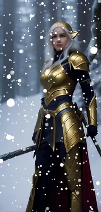 This high-resolution live wallpaper for your phone features a fierce female warrior in armor holding a sword in the midst of a snowy forest scene