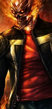 This dynamic phone background showcases a man in leather jacket against a fiery backdrop