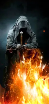 Looking for a phone wallpaper that will add a bit of excitement to your device? Look no further than this dark and edgy live wallpaper! Featuring a powerful figure wielding a sword in front of a roaring fire and accompanied by a group of mysterious monks, this digital artwork is sure to catch your eye