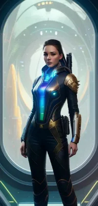 This phone live wallpaper showcases a photorealistic concept art of a woman wearing a futuristic gold sci-fi armor standing in front of a window