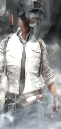 This phone live wallpaper features a digital art of a man in a shirt and tie holding a gun