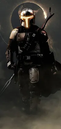 This phone live wallpaper features a fierce warrior wearing a black space mercenary outfit holding a sword