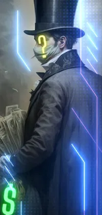 This phone wallpaper displays a mysterious man sporting a top hat, holding a large sum of money against a cyberpunk-inspired background