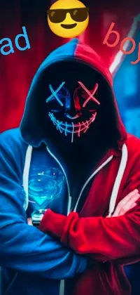 Get ready to elevate your phone's look with a cool live wallpaper! This design features a man wearing a hoodie and a neon mask in a standout red and blue color scheme