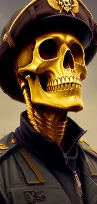 This phone live wallpaper showcases an impressive digital artwork of a skull adorned in a military outfit
