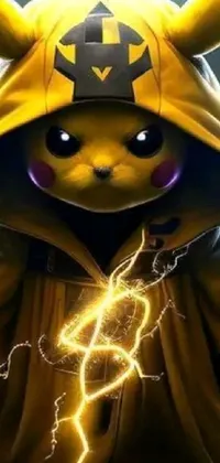This live wallpaper showcases a cute and iconic Pikachu character dressed in a cozy hoodie, with lightning sparks emerging from the garment