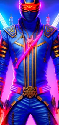 This cyberpunk phone live wallpaper features a striking image of a man in a blue suit wielding two swords