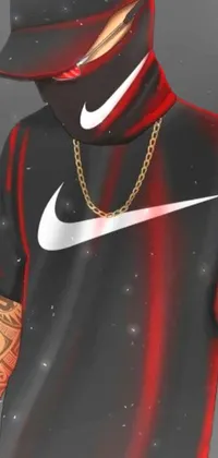 This phone live wallpaper features a black and red color scheme with a digital painting of a man in a baseball cap and Nike t-shirt