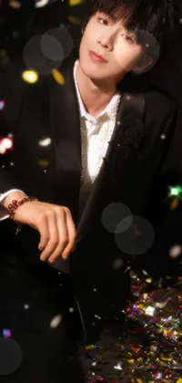 This phone live wallpaper features an elegant young man donning a tuxedo surrounded by a colorful burst of confetti