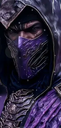 This phone live wallpaper showcases a purple mask, inspired by a popular video game character