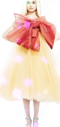 This phone live wallpaper showcases an adorable young girl dressed in a charming yellow dress topped with a red bow