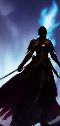 This live wallpaper features a stunning piece of fantasy art, showcasing a man on top of a mountain wielding a glowing sword