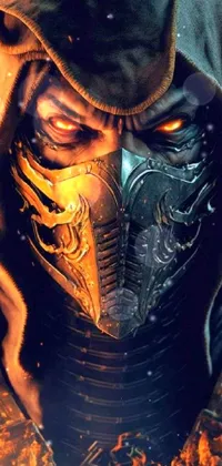 This phone live wallpaper showcases a fiery mask closely worn by a ninja with intricate details