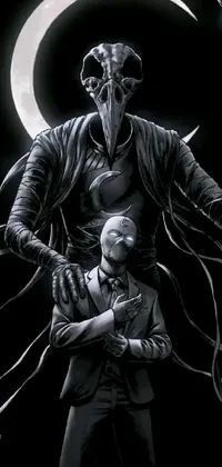 This black and white drawing phone live wallpaper features a protective man holding a small child, inspired by the classic Takeshi Obata art style