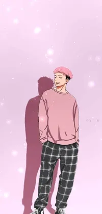 This whimsical phone live wallpaper features a confident pink-haired character standing in front of a colourful yellow wall, adorned with an anime drawing